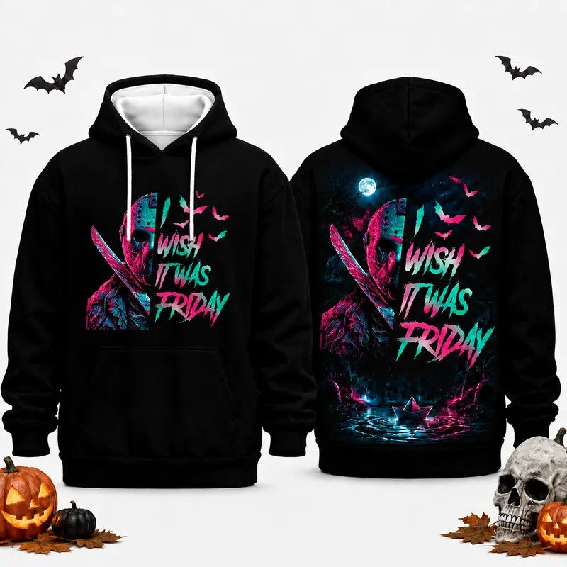Neon Horror Villain Graphic Hoodie Double-Sided Retro Slasher Print Pullover Sweatshirt
