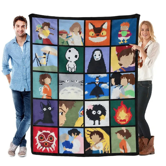 Cute Anime Patchwork Cartoon Stamp Style Cozy Flannel