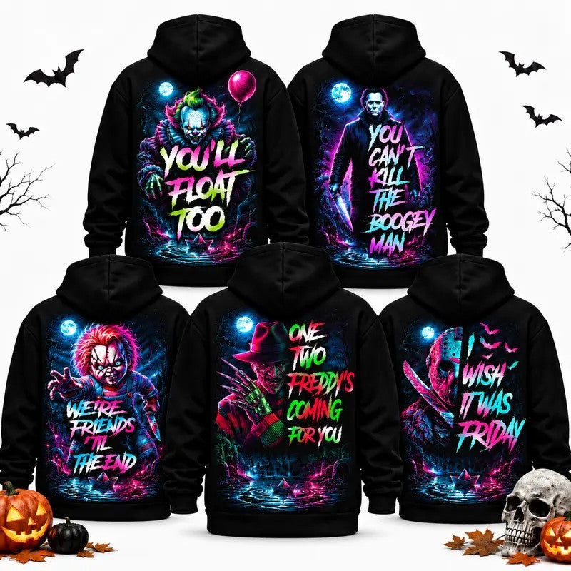 Neon Horror Villain Graphic Hoodie Double-Sided Retro Slasher Print Pullover Sweatshirt