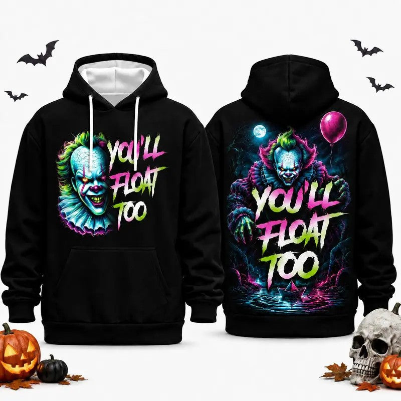 Neon Horror Villain Graphic Hoodie Double-Sided Retro Slasher Print Pullover Sweatshirt
