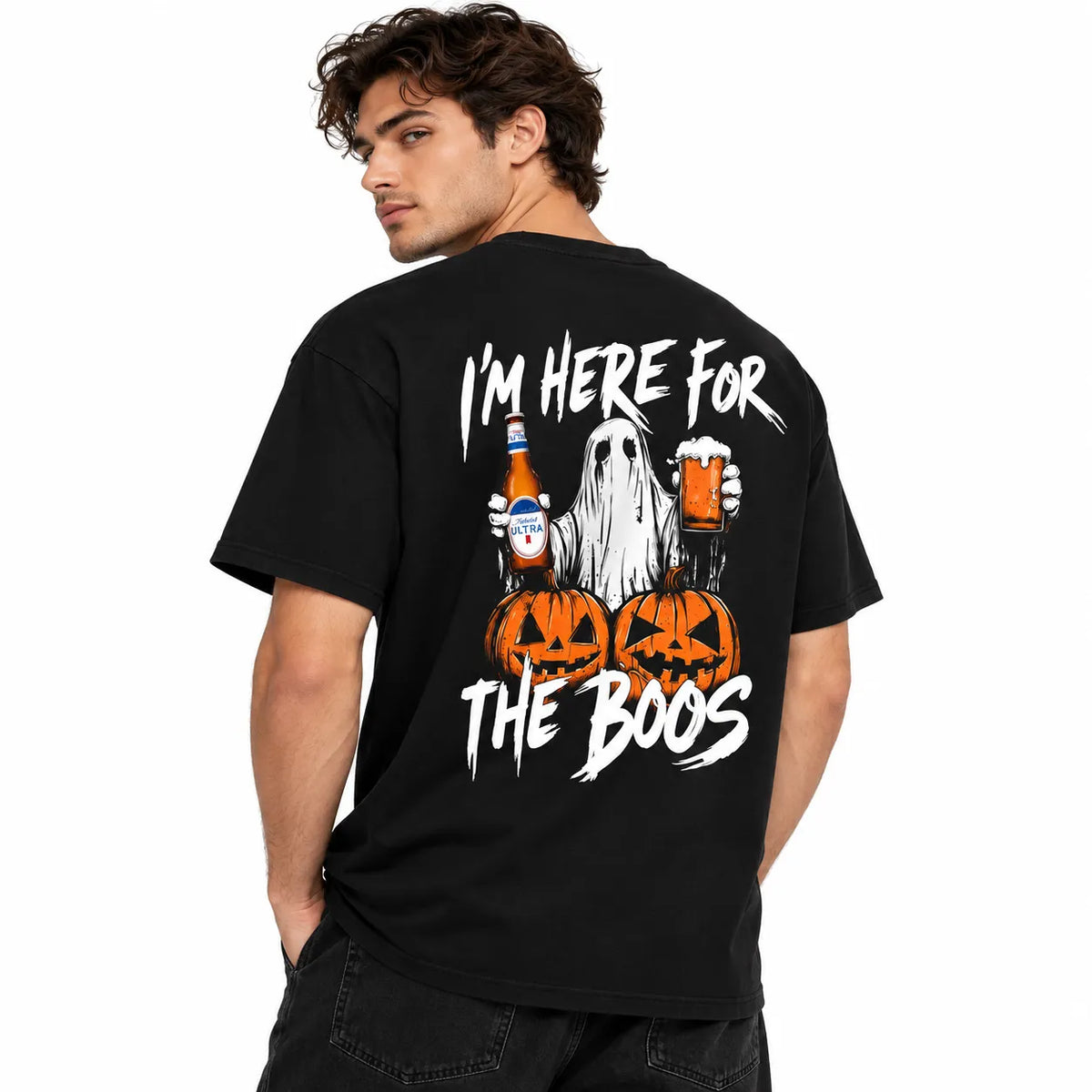 I'm Here For The Boos Funny Halloween Ghost Pumpkin Beer Drinking Vintage Graphic T-Shirt / Sweatshirt / Hoodie